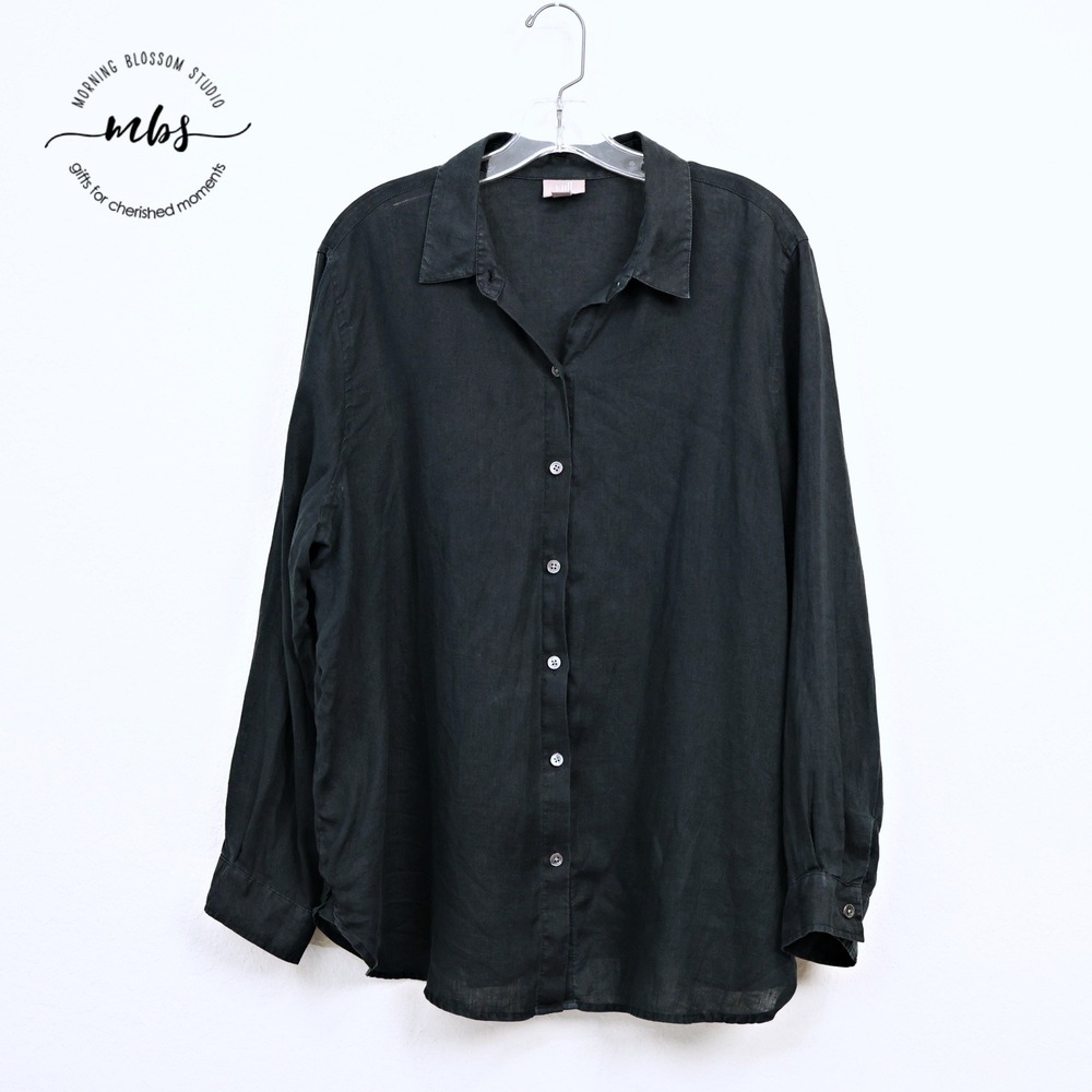 J. Jill Linen Point Collar Coastal Minimalist Button Front Shirt Black Women L